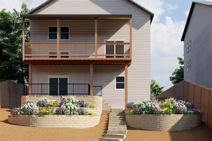3D backyard landscape design with curved retaining walls, stone steps, colorful planting beds, deck railing, and outdoor living improvements in Newberg, Oregon