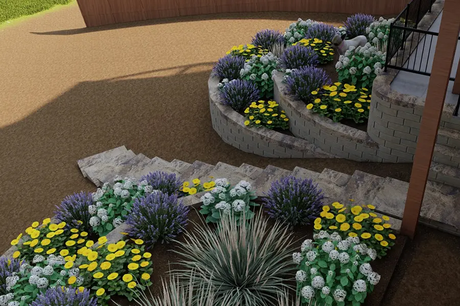 3D landscape design showing stone steps, curved retaining walls, raised planting beds, and colorful backyard landscaping in Newberg, Oregon