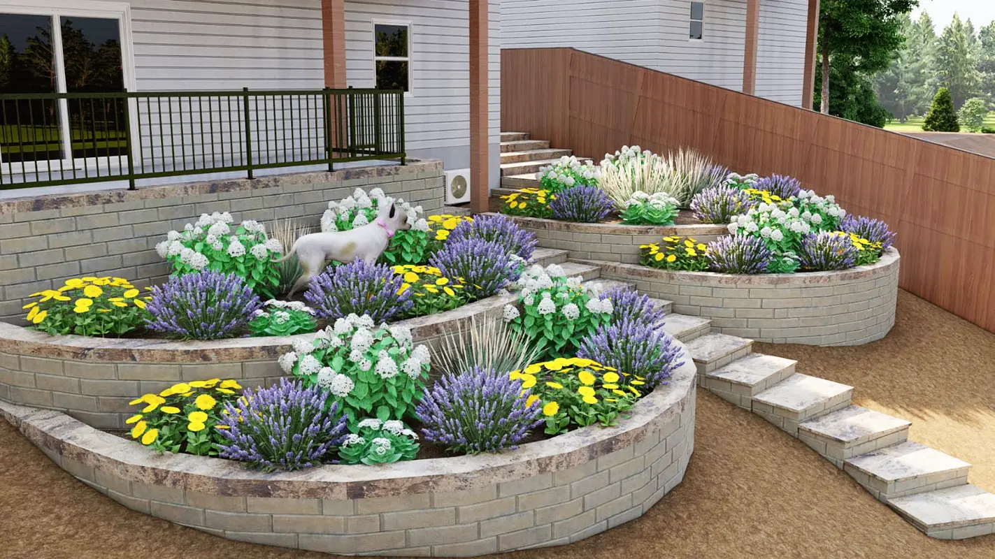 3D outdoor living design showing curved retaining walls, stone steps, raised flower beds, and backyard landscaping in Newberg, Oregon