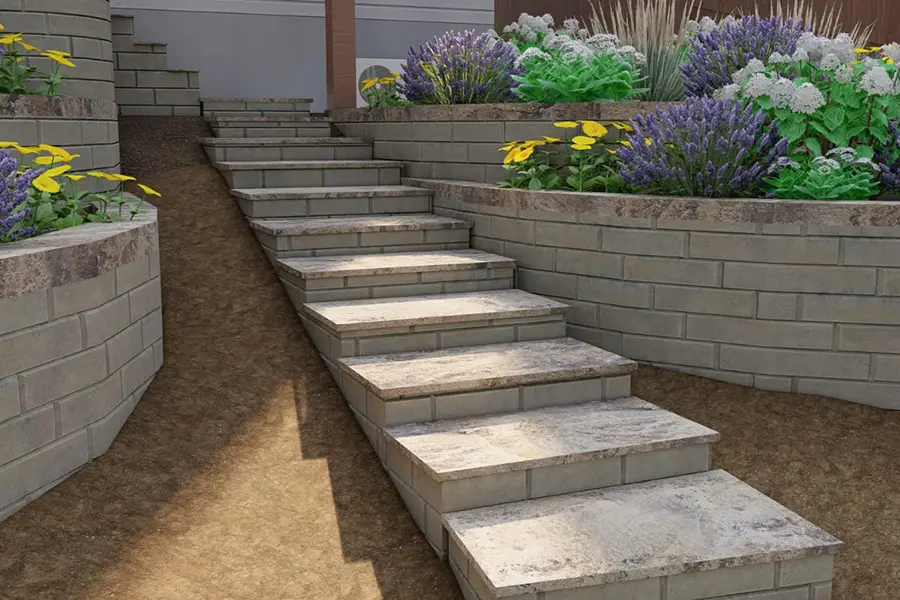 3D landscape design showing stone steps, curved retaining walls, raised planting beds, and colorful backyard landscaping in Newberg, Oregon