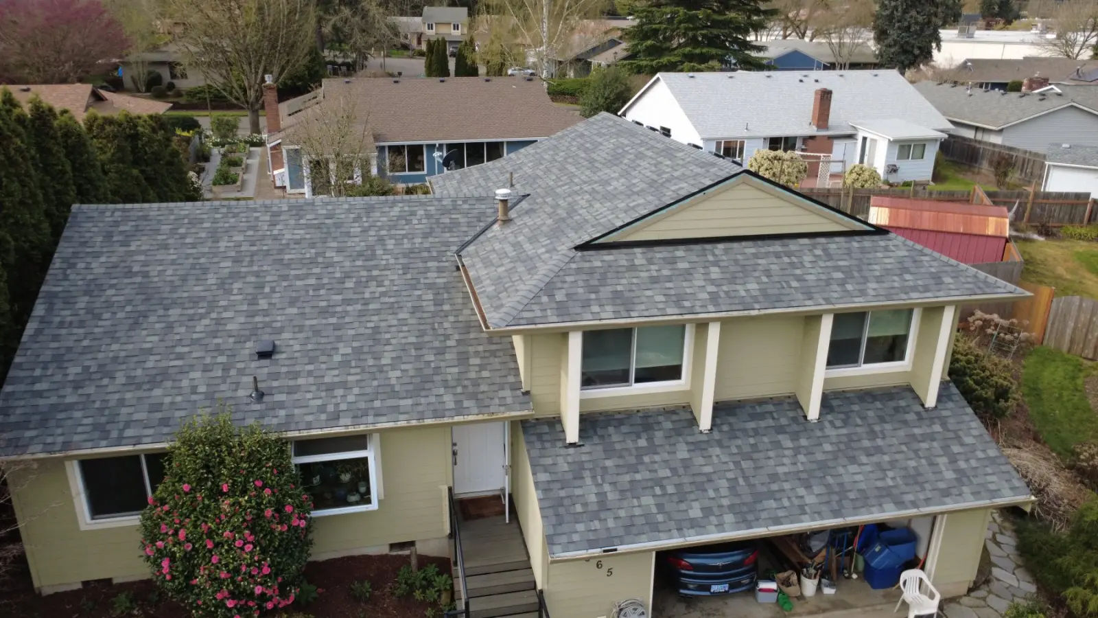 Full roof replacement, aerial view